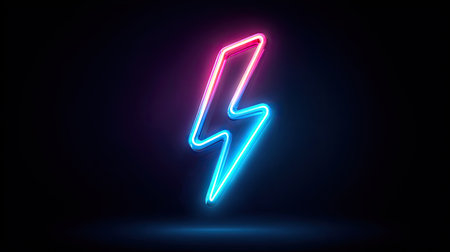 A neon lightning bolt is depicted against a black backdrop. The graphic shows a vibrant blue and pink gradient illumination. This digital art piece highlights modern design. It can be used in a variety of design contexts, suitable for websites, advertising, and editorial projects.の素材