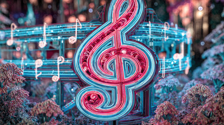 A vibrant image showcases a large neon treble clef surrounded by glowing musical notes. The composition employs a shallow depth of field, with soft focus elements creating a whimsical ambiance. Predominant colors are blue, pink, and white. This artwork could be used for advertising or editorial content related to music and entertainment.の素材