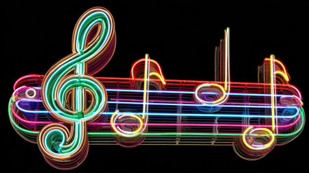 An illuminated neon sign displays musical notes and a treble clef against a dark backdrop. The artwork features vibrant colors and a three-dimensional effect, possibly indicating a concert or entertainment venue. This eye-catching illustration could be suitable for promotional materials or editorial content related to music.の素材