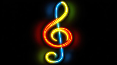 A vibrant neon treble clef glows against a dark background, creating a striking visual contrast. The stylized musical symbol appears to be illuminated with bright yellow, orange, and blue hues. This graphic element could be suitable for various design projects, including those related to music, entertainment, or artistic concepts, for both commercial and editorial purposes.の素材