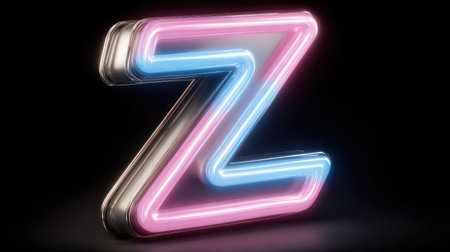 The image showcases a vibrant neon letter Z illuminated by pink and blue lights against a stark black backdrop. The composition highlights the glowing form, emphasizing its three-dimensional metallic structure. This graphic could be used in various commercial projects, including digital marketing, branding, or creative advertising campaigns, offering versatile visual appeal.の素材