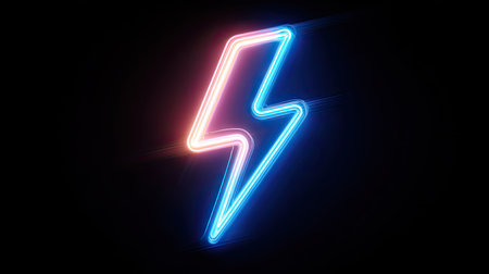 A neon lightning bolt glows with a mix of blue and red light against a dark background. The graphic illustration showcases a smooth, electric aesthetic. This imagery could be used for various commercial projects related to energy, technology, or creative design. The overall feel is modern and impactful.の素材