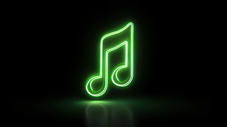 A luminous green musical note is featured against a stark black background. The neon-style lighting casts a soft glow, highlighting the note's curves. The minimalist composition emphasizes the subject, suggesting potential uses in advertising or design projects seeking a modern and visually striking element.の素材