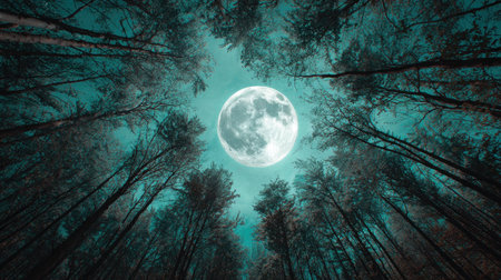 An upward perspective captures a full moon against a night sky, framed by the dark silhouettes of tall trees. The cool color palette suggests a nocturnal scene with soft lighting. This image could be suitable for various creative projects, including editorial features or commercial designs.の素材