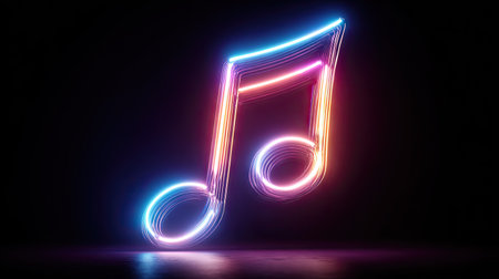 A luminous neon musical note glows against a deep black backdrop. The artwork showcases vibrant hues, including blue, pink, and orange. The composition suggests an indoor setting, and the image may be used in projects related to music, design, and entertainment. The style appears contemporary, with a focus on graphic impact.の素材