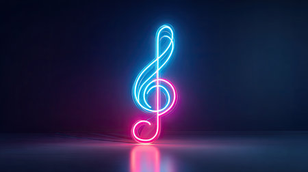 A glowing neon treble clef is depicted against a dark backdrop. The design displays vibrant blue and pink hues. The image showcases a three-dimensional effect, suggesting a smooth surface and soft lighting. Suitable for music-related projects, graphic design, and advertising purposes.の素材