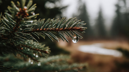 An evergreen branch displays water droplets in a close-up shot. The needles appear green, contrasting with the brown and blurred background, possibly a forest scene. The lighting suggests an overcast day. This image could be suitable for various uses related to nature, environment, or seasonal themes.の素材