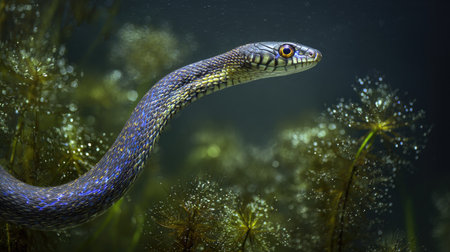 A snake is the primary subject in this image, with a predominantly blue and yellow body. It appears to be submerged, with water visible surrounding the snake. The composition features a blurred background of green aquatic plants. Suitable for wildlife, nature, and environmental projects, and general stock usage.の素材