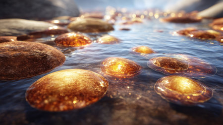 This image showcases a close-up perspective of smooth, golden-colored stones partially submerged in clear water. The water reflects light, creating a shimmering effect. The composition uses a low-angle perspective. Suitable for a variety of projects, the image has potential for illustrating natural beauty and environmental themes.の素材