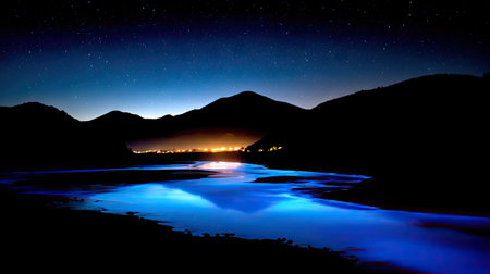 A dark landscape showcases a body of water with a bright, luminous glow, possibly reflecting the night sky or distant lights. The scene features the silhouette of mountains against a dark sky, and the composition suggests a tranquil or mysterious environment. Suitable for artistic prints, commercial designs, or editorial illustrations.の素材