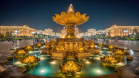 A detailed image captures a large golden fountain, the focal point of a city square at night. Warm lighting illuminates the fountain's intricate design, including lotus-shaped features. The composition shows the water and surrounding buildings with a vibrant, contrasting sky. Suitable for commercial or artistic projects, this photograph provides a striking visual for diverse applications.の素材