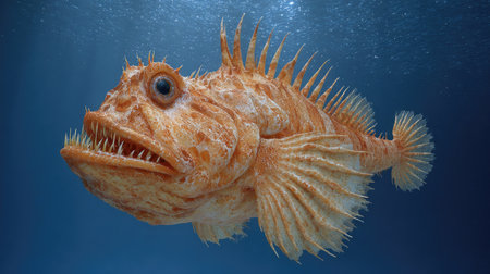 An orange fish is depicted underwater, showcasing detailed anatomical features and texture. The image presents a close-up perspective of the aquatic creature against a blue backdrop. The lighting highlights the fish's unique structure. Ideal for educational materials and commercial uses.の素材