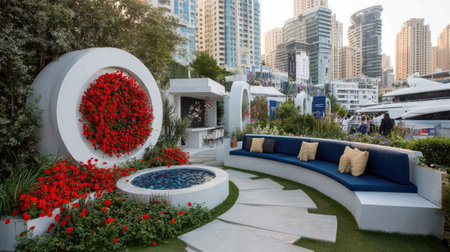 An outdoor lounge area features a modern design with circular elements and vibrant red flowers. A curved blue sofa with pillows complements the architecture. The scene is illuminated by daylight, with a cityscape providing the background, suggesting a luxurious setting suitable for hospitality or design concepts.の素材