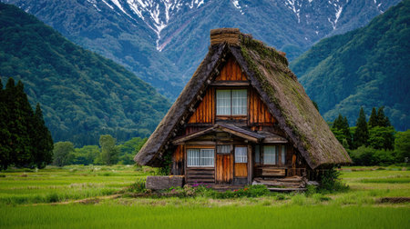 A traditional wooden house with a thatched roof stands in a vibrant green field, set against a backdrop of lush mountains. The image showcases natural lighting and a detailed architectural style, possibly depicting a rural setting. This visual may serve for diverse commercial and editorial purposes.の素材