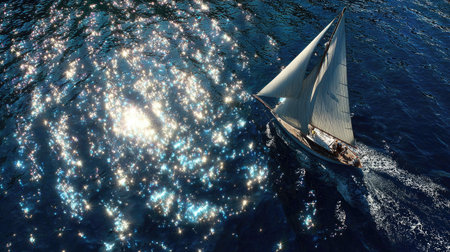 A small sailboat glides across the water, its sails catching the sunlight. The scene is dominated by a deep blue ocean shimmering with light. The image features a high-angle composition. Suitable for travel, adventure, or commercial concepts, this picture can be used for various purposes.の素材
