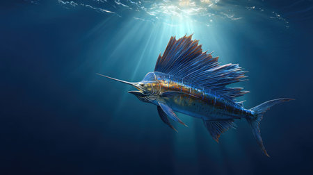 A sailfish is depicted swimming in deep blue water, illuminated by beams of sunlight. The image showcases the fish's distinctive sail-like dorsal fin and streamlined body. The composition focuses on underwater life, emphasizing the interplay of light and shadow, suitable for various editorial and commercial applications.の素材