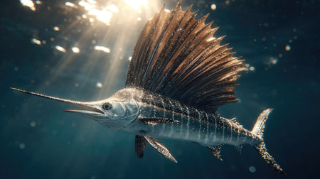 A sailfish swims gracefully underwater, its distinctive dorsal fin prominently displayed. The image showcases the creature in a marine environment, illuminated by sunlight filtering through the water. The composition highlights the animal's form and texture, suitable for various editorial and commercial applications.の素材