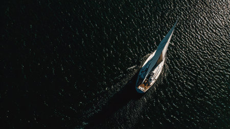 An aerial perspective captures a sailboat traversing dark, textured water. The image displays a boat with a white sail against a deep, contrasting backdrop. The scene suggests an outdoor setting, possibly during the day, suitable for various commercial and editorial applications.の素材