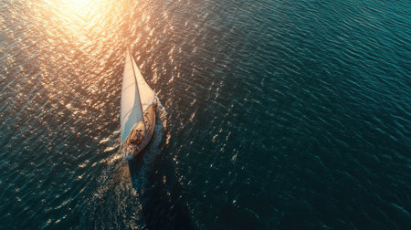 An aerial view presents a sailboat gracefully navigating calm water under bright sunlight. The boat's sail catches the light, contrasting with the dark water. The composition showcases the boat's design and creates an inviting scene, suitable for various editorial and commercial applications. The image uses natural lighting.の素材