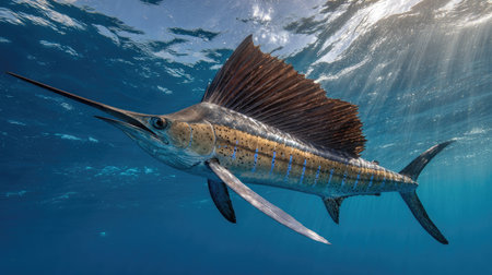 A sailfish gracefully swims through clear blue water, its large dorsal fin prominently displayed. The image showcases the fish's sleek form and intricate patterns. Sunlight filters through the water creating bright highlights and shadows. Suitable for various editorial and commercial applications, this image is visually captivating.の素材
