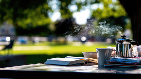 A steaming cup of coffee and a teapot sit beside an open book on a table. The scene is bathed in natural light, with a blurred green background of trees and grass. The composition suggests relaxation, ideal for commercial or editorial applications related to leisure and lifestyle.の素材