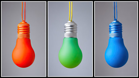 Three brightly colored light bulbs are suspended in front of a simple backdrop. Each bulb is painted a different hue and is attached by a cord. The composition features strong color contrast and overhead lighting, suitable for various design projects. This could be used for conceptual illustrations or as decorative elements.の素材