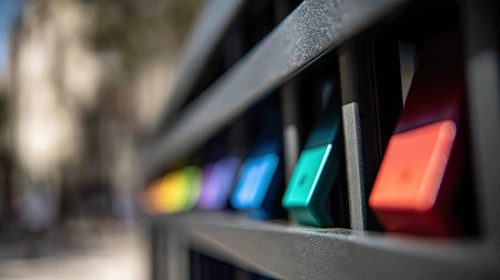 A close-up view displays a series of vibrantly colored digital devices aligned in a row. The objects exhibit a metallic sheen with various hues of the visible spectrum. The composition features a shallow depth of field, implying an outdoor setting. The image is suitable for applications related to technology, design, or conceptual themes.の素材