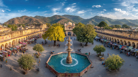 An aerial view presents a courtyard with a central fountain, flanked by structures and trees. The scene showcases architectural details with a color palette of beige, green, and blue. The composition, bathed in daylight, suggests a setting suitable for travel, tourism, and historical themes.の素材