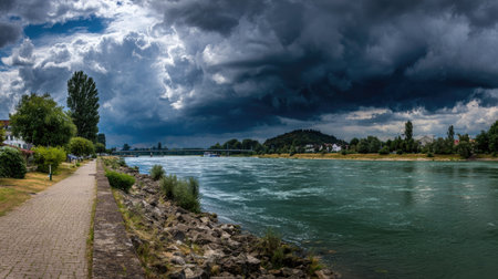 A scenic landscape showcases a river with a walking path, under a sky filled with dark, imposing clouds. The water reflects the cloudy sky, and the scene includes a hint of greenery. This image might be suitable for editorial or commercial purposes such as advertising.の素材