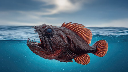 An anglerfish is depicted swimming in water with focus on detailed skin. The fish displays intricate fins and is set against a blurred background. The image has high contrast, and the colors include shades of brown and blue. This image is suitable for various commercial uses, including educational resources and artistic projects.の素材