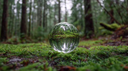 A crystal ball sits centered on a moss-covered ground, reflecting a vibrant forest. The image exhibits a shallow depth of field, with soft focus on background trees. The scene displays various shades of green, with details of sunlight and reflections. This could be used for various projects.の素材