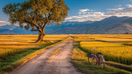 A rustic dirt road traverses a vast golden field towards a large tree, with a bicycle resting at its side. The scene showcases a warm color palette with abundant sunlight. Mountains rise in the distance, suggesting an outdoor environment. This image is suitable for various commercial or editorial applications.の素材