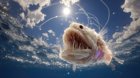 An anglerfish is depicted underwater, with a prominent lure and open mouth, against a blue sky with clouds. The image showcases the creature's unique morphology and a bright sun. It may be suitable for scientific publications or educational materials and various creative applications.の素材