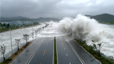 An aerial view captures a powerful storm surge with massive waves inundating a road. The scene is dominated by frothy white water, contrasting with the dark asphalt and the overcast sky. The composition emphasizes the strength of natural forces. Suitable for illustrating weather events and environmental themes.の素材