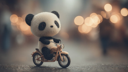 A charming panda character is seen riding a vintage motorcycle against a backdrop of bokeh lights. The image showcases a soft, diffused lighting and a shallow depth of field, emphasizing the panda and motorcycle. Ideal for illustrations, advertising campaigns, and various creative projects needing a whimsical touch.の素材