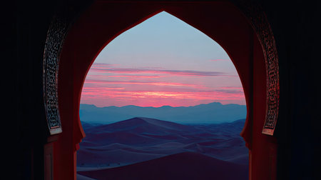 An arched doorway frames a desert vista at dusk, showcasing a layered landscape with a vibrant sunset. The composition uses warm tones for the archway and cool hues for the sky and distant hills. This imagery could be employed for travel publications or design projects focused on scenic beauty.の素材
