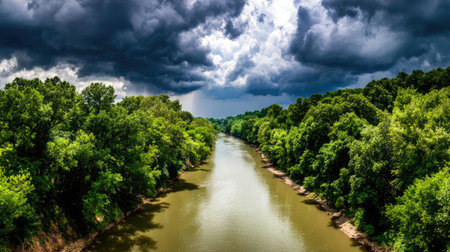 A river winds its way through a verdant forest, framed by dense, green foliage on either side. The scene is dominated by a dark, dramatic sky filled with heavy clouds. The composition presents a natural landscape, ideal for illustrating environmental themes or as a backdrop for various creative projects.の素材