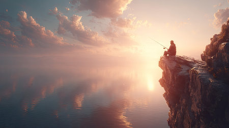 A person is silhouetted against a dramatic sunset, sitting on the edge of a rocky cliff, fishing. The scene features a vivid sky with clouds reflecting in the water below. The image exhibits a painterly style with warm colors, suggesting a tranquil and contemplative atmosphere suitable for various visual projects.の素材