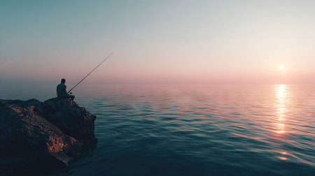 A lone figure casts a fishing line from a rocky shoreline into tranquil waters. The image showcases a serene composition featuring a man against a backdrop of a colorful sunset. The scene highlights the interplay of light and water, with potential applications for editorial content and creative projects.の素材