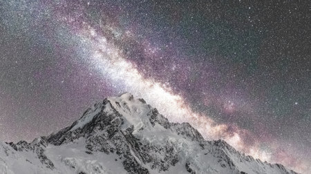A majestic mountain range dominates the foreground, its peaks covered in snow. Above, a breathtaking night sky is filled with countless stars and the luminous Milky Way. The composition uses a wide angle to capture the expansive environment. Suitable for editorial and commercial applications.の素材