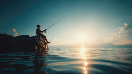 A silhouette of a person fishing sits on a rock formation overlooking water at sunset. The image features a vibrant gradient of colors, the person is dark. Calm water reflects the warm light of the setting sun. This image may be suitable for various commercial uses.の素材