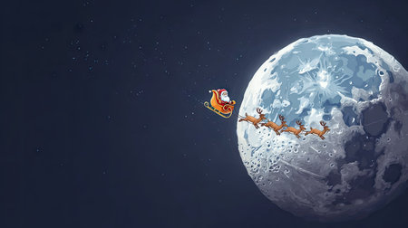 An illustration depicts Santa Claus riding a sleigh pulled by reindeer, set against a large moon in a dark space. The composition features a cartoon style with vibrant colors and a clean aesthetic. Suitable for various projects, it could be used in festive promotions or editorial content.の素材