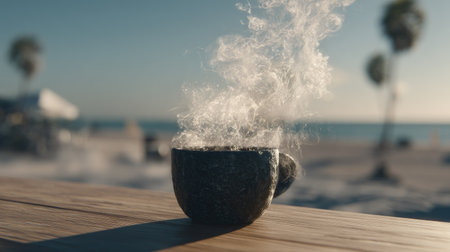 A close-up view presents a coffee cup emitting steam. The cup rests on a wooden surface with a blurred beach and ocean in the background. The scene showcases soft lighting, and warm tones. This image is suitable for a variety of uses, including editorial and commercial projects.の素材