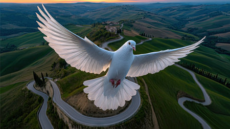 A white dove, wings fully outstretched, appears to be in flight against a backdrop of rolling green hills and winding roads. The image showcases soft lighting and a high-angle perspective. Suitable for representing concepts like peace and freedom, it may be used in various commercial or editorial applications.の素材