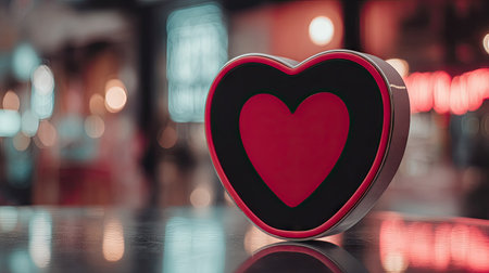 A three-dimensional heart shape, rendered in red and black, rests on a reflective surface. The image features soft lighting and a blurred background with warm tones, suggesting an indoor setting. This visual element conveys feelings associated with love. It is suitable for various design projects and commercial applications.の素材