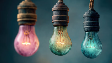 This image showcases three light bulbs with colorful glows, suspended against a softly blurred backdrop. Each bulb emanates a different hue, suggesting varied states of illumination. The composition utilizes a close-up perspective, highlighting the details of the bulbs. It is suitable for design, advertising, and editorial projects.の素材