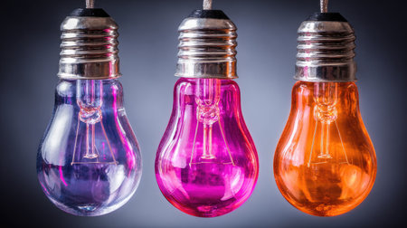 This image presents three colorful light bulbs suspended against a dark backdrop. The bulbs glow with different vibrant hues, emphasizing a concept of ideas and innovation. The composition and lighting contribute to a sense of creativity, suitable for various editorial and commercial applications.の素材
