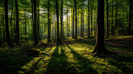 This image captures a vibrant forest interior with tall, slender trees reaching toward the sun. The scene is illuminated by strong sunlight creating dramatic shadows and highlighting the green foliage. The composition and lighting make this image suitable for various editorial and commercial applications. The atmosphere is calm and inviting.の素材