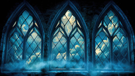 The image showcases three arched windows, offering a view of a cloudy sky. The windows feature a geometric pattern. The scene is dominated by shades of blue and gray, set within a dark interior. This could be useful for projects related to design, architecture, or atmospheric concepts.の素材