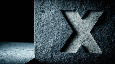 An image showcases a close-up of a textured stone surface with a carved letter X. The composition features a strong interplay of light and shadow, emphasizing the dimensional qualities. The rough texture and detailed carving suggest an ancient or rustic aesthetic. Suitable for various design projects, this image could be employed in both commercial and editorial contexts.の素材